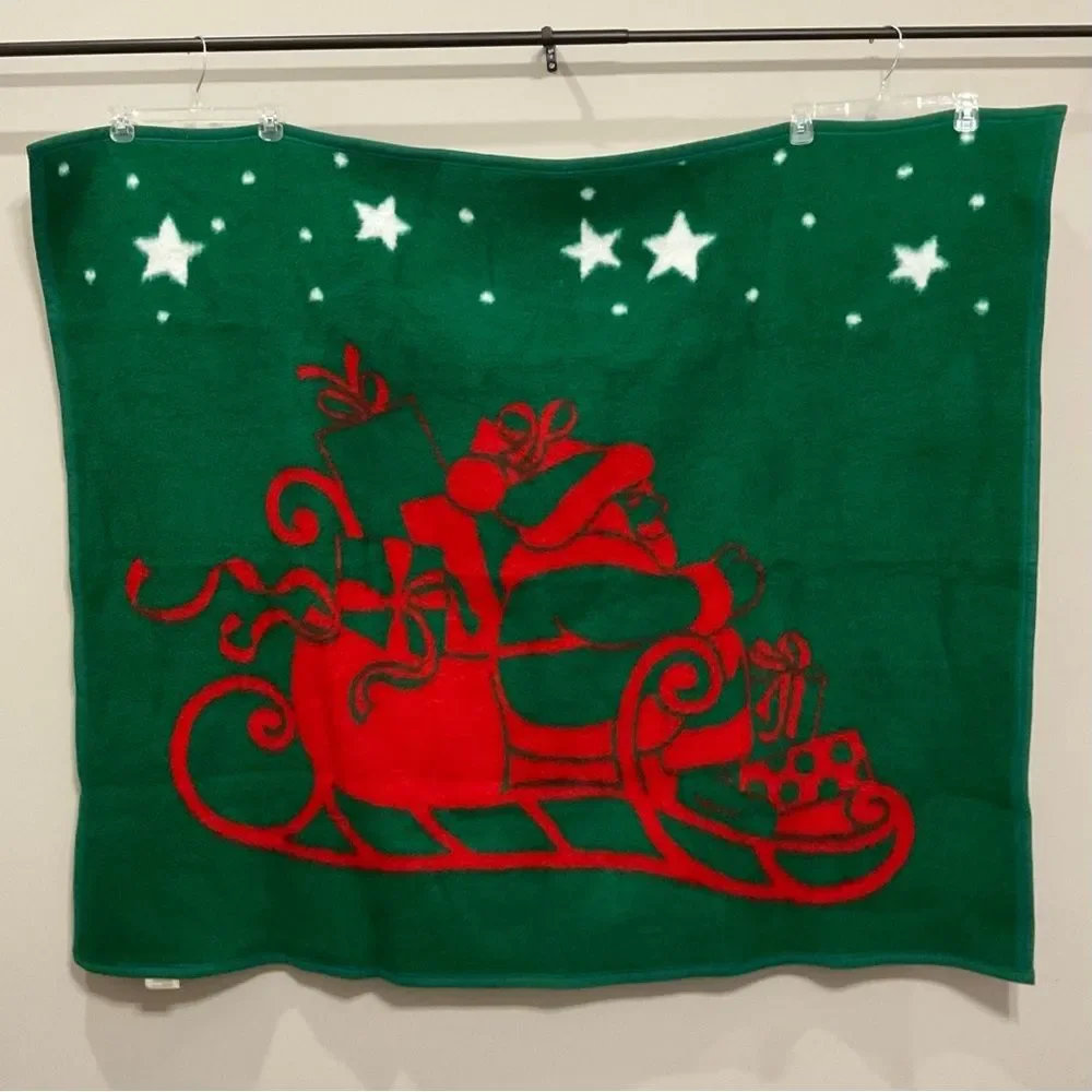 Vintage Biederlack Santa Claus Blanket Holiday Christmas Made in USA Red Green
